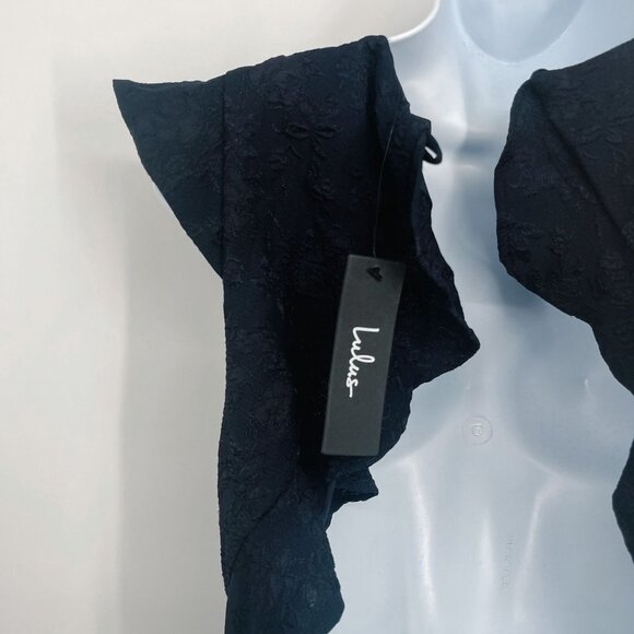 Lulu's Jacquard Sophisticated Soiree Navy Blue High Low Open Back Ruffles - Picture 13 of 15